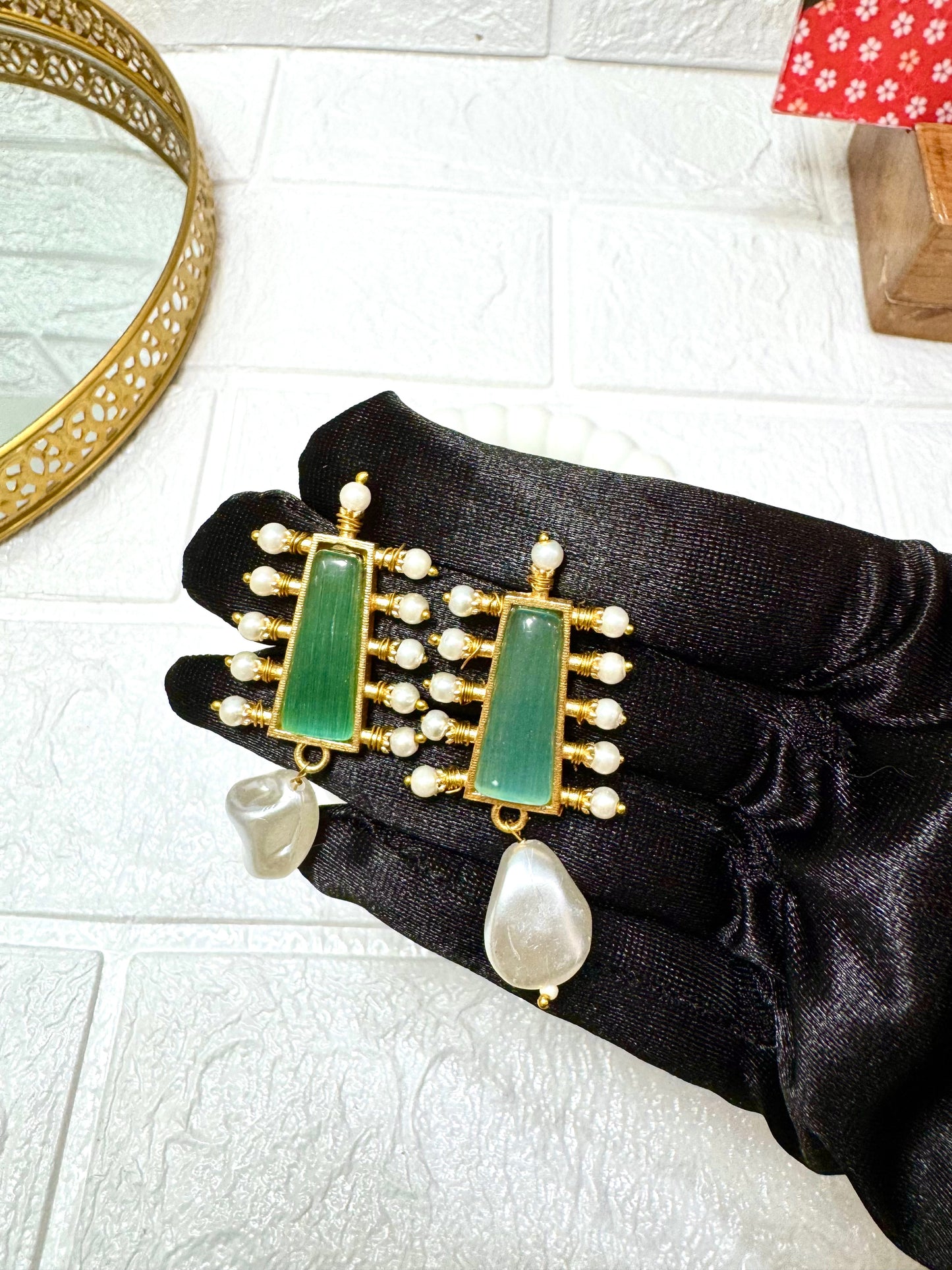 Green Linear Drop Earrings