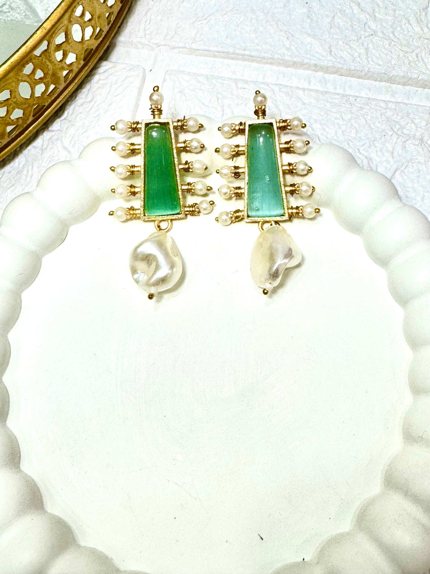 Green Linear Drop Earrings