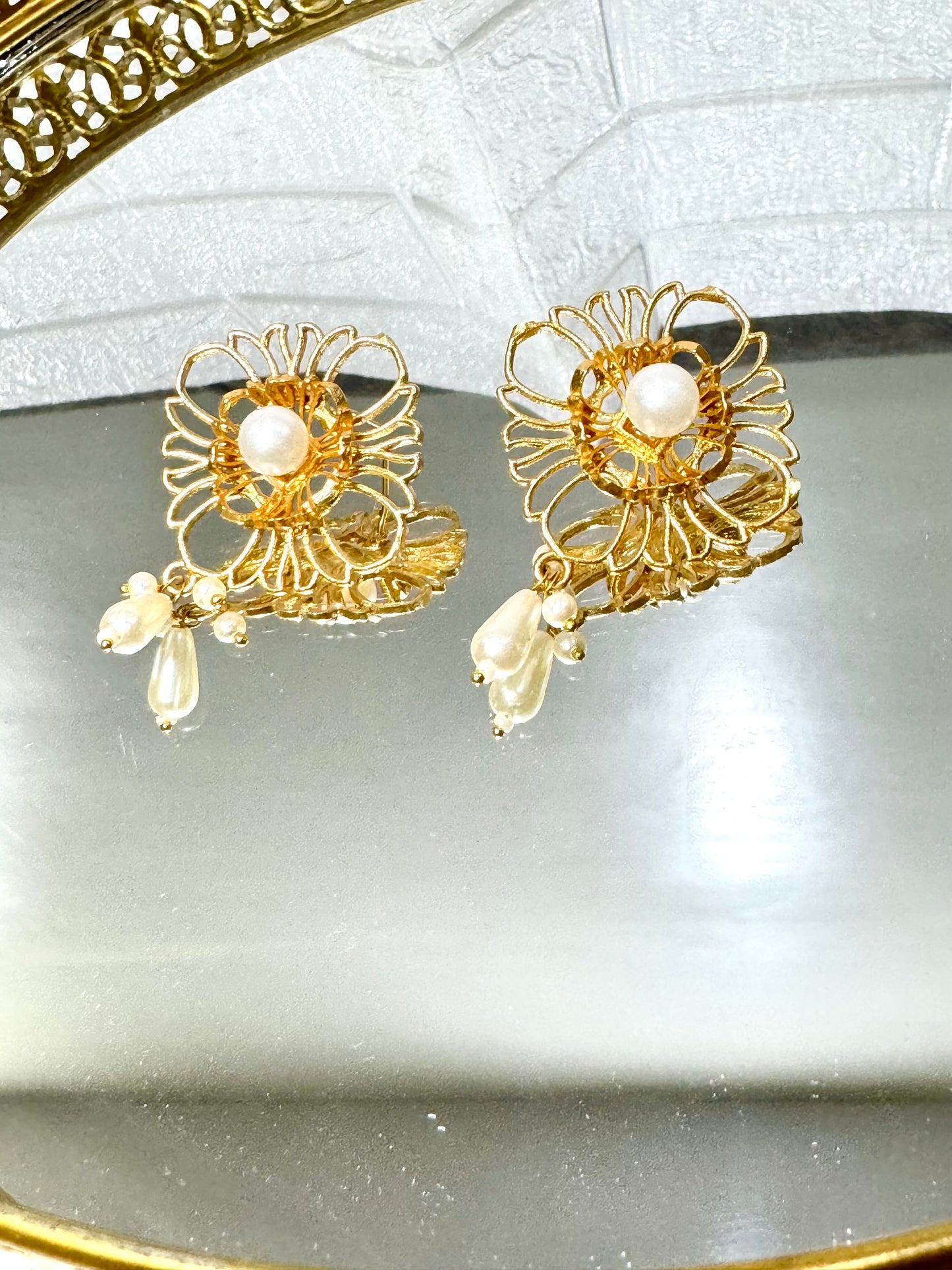 Golden Pearl Drop Floral Earrings