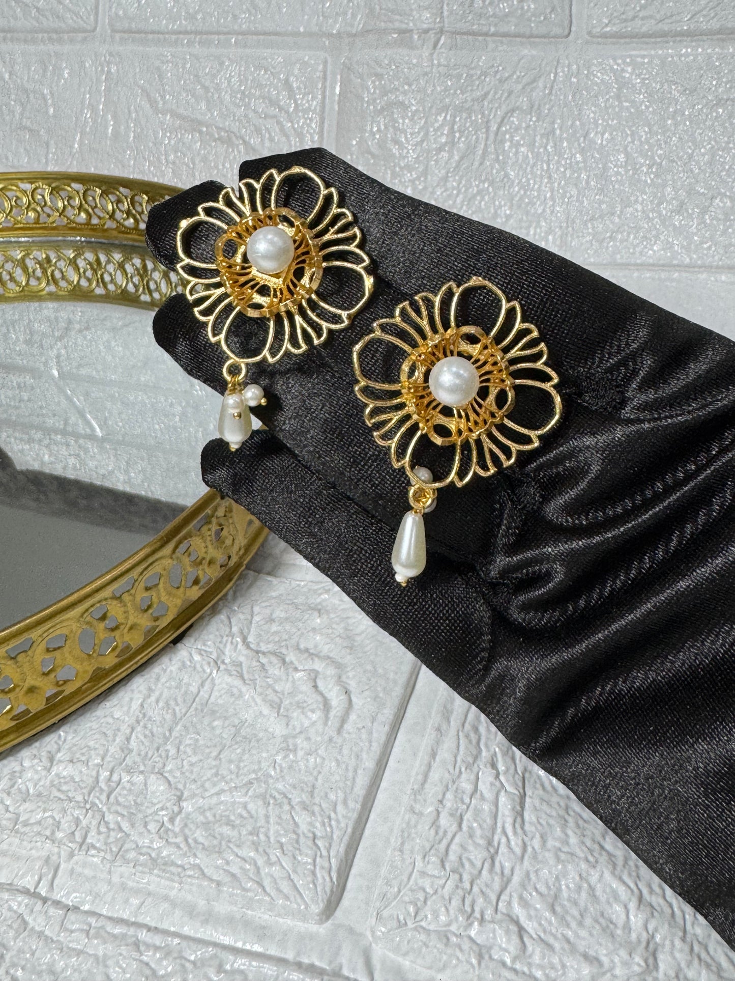 Golden Pearl Drop Floral Earrings
