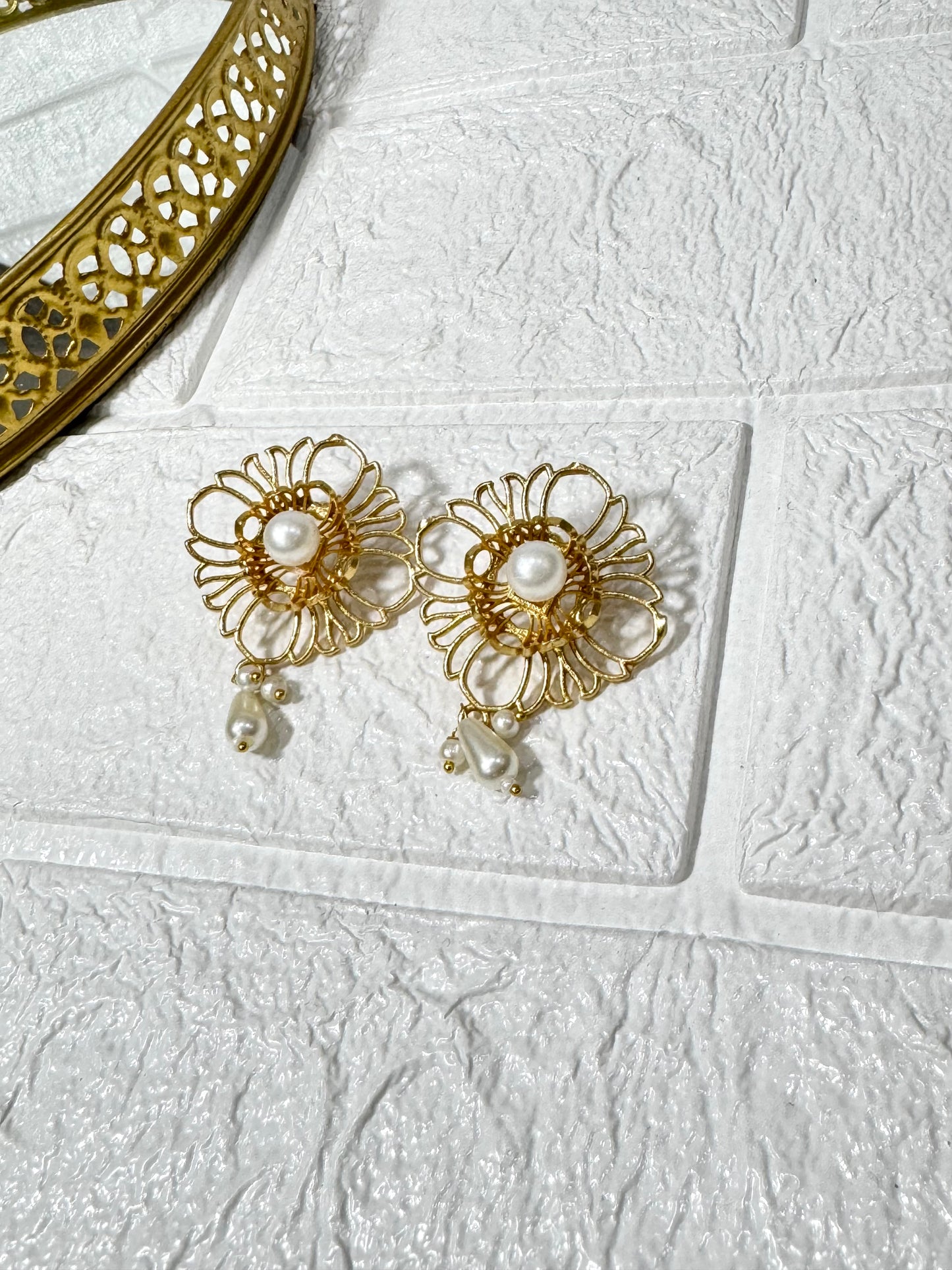 Golden Pearl Drop Floral Earrings