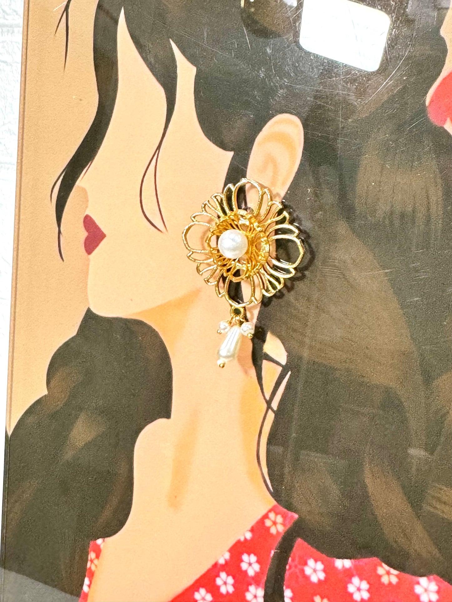 Golden Pearl Drop Floral Earrings
