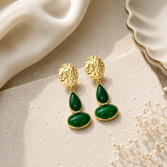 Emerald Hammered Disc Drop Earrings