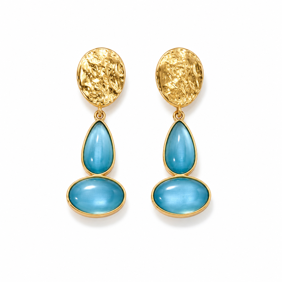 Blue Hammered Disc Drop Earrings