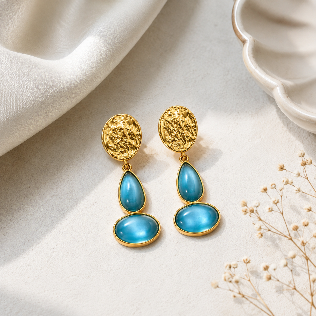 Blue Hammered Disc Drop Earrings