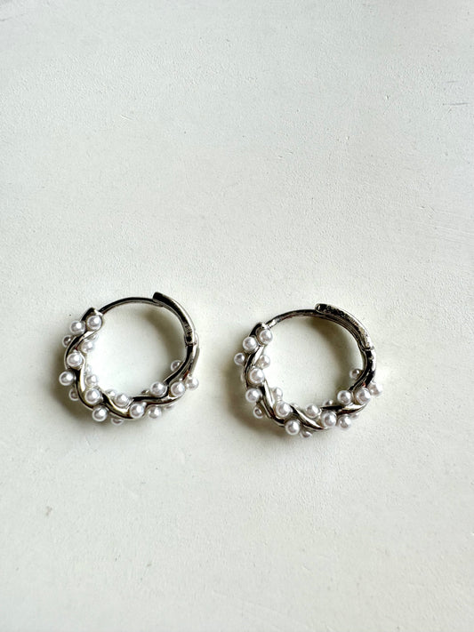 Anti Tarnish  Silver  Pearl Hoops