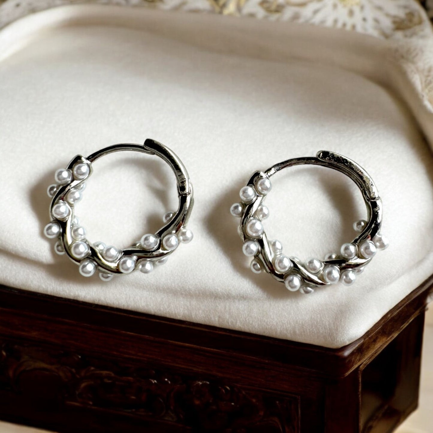 Anti Tarnish  Silver  Pearl Hoops