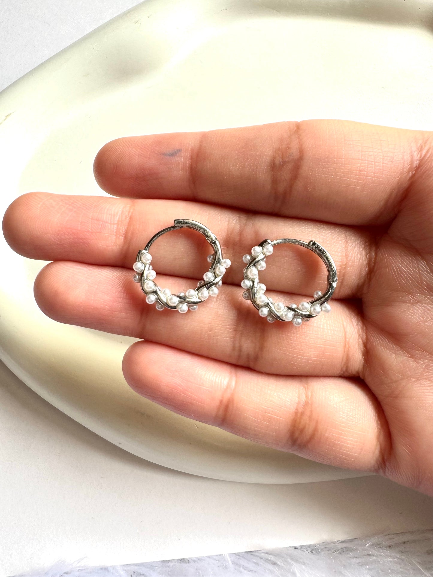 Anti Tarnish  Silver  Pearl Hoops
