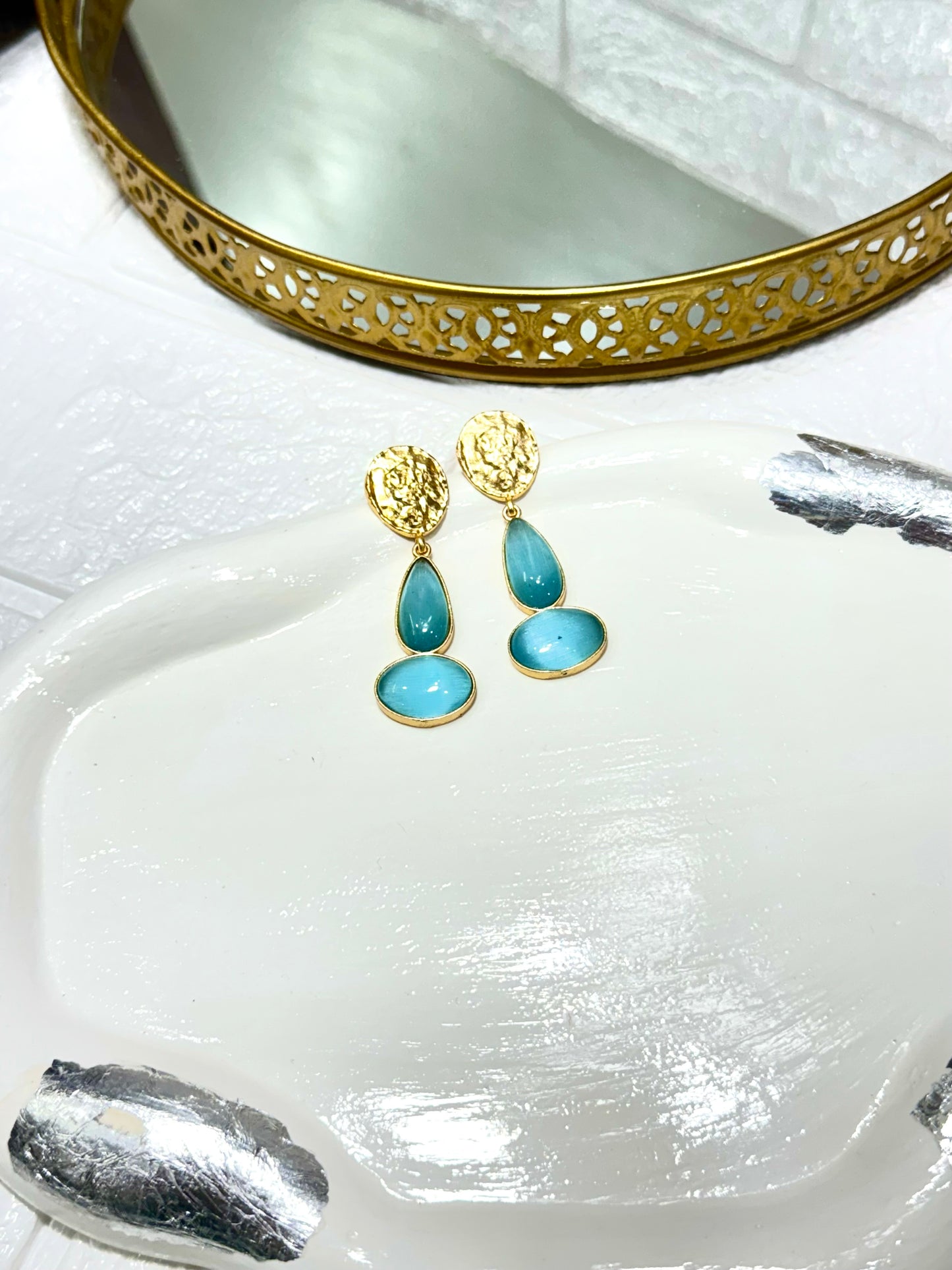 Blue Hammered Disc Drop Earrings