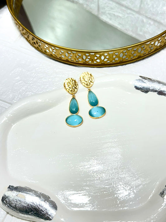 Blue Hammered Disc Drop Earrings